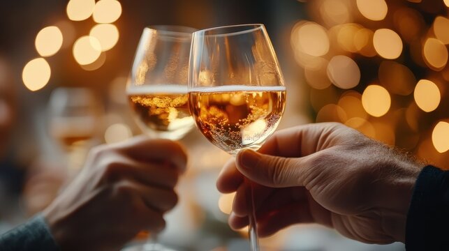 A joyful moment captured as two people clink glasses of sparkling wine, embodying celebration and happiness, perfect for conveying social gatherings and special occasions.