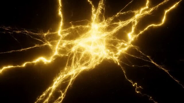 Zooming slow motion shot of golden electric filaments converging and pulsing over dark cosmic void background, abstract energy particles and branching light strands