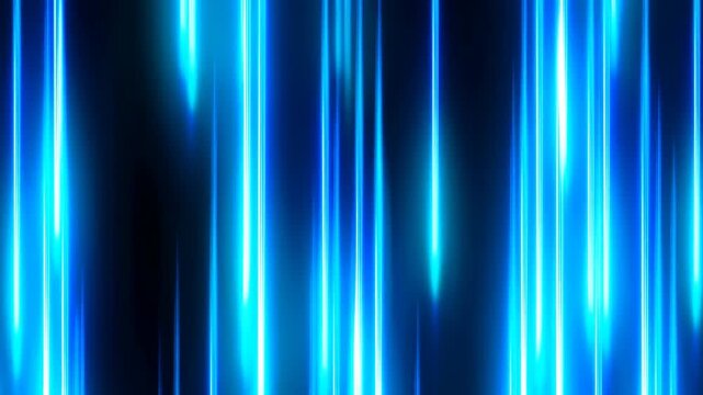 Slow static shot of vertical blue neon light streaks and beams descending like columns and shafts over dark studio background with luminous glow