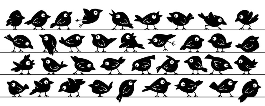 Bird flock on wires pattern. Rows of cute cartoon birds sitting on lines. Minimal black and white vector illustration.