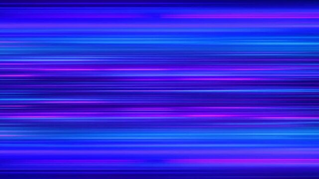 Panning shot of colorful light streaks gliding horizontally across digital backdrop with blue and purple neon bands in studio