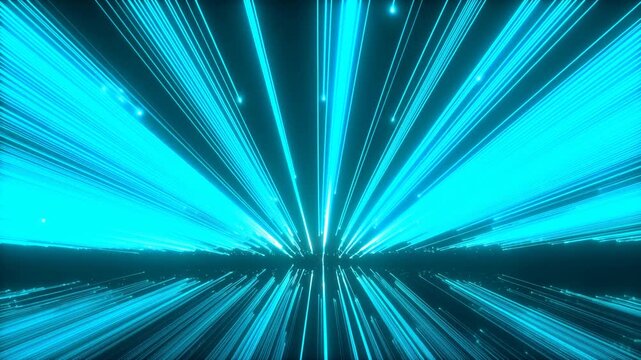 Tracking shot zooming forward of glowing cyan light beams streaking and converging toward distant horizon in virtual digital tunnel environment with reflective floor