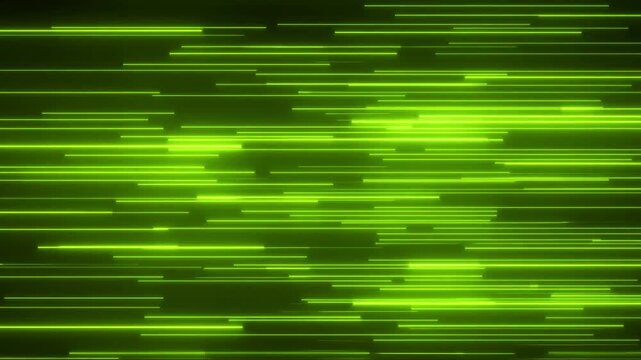 Panning shot of green horizontal light streaks sliding rapidly across dark background in abstract neon data stream animation