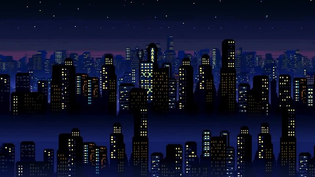 Panning shot of sprawling city skyline slowly drifting past with lit windows and layered high rise silhouettes over foggy urban nightscape