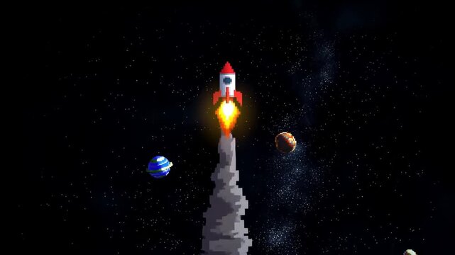 Tracking shot of pixel art rocket ascending through starry space with plume of smoke and flames past colorful planets and distant galaxy background