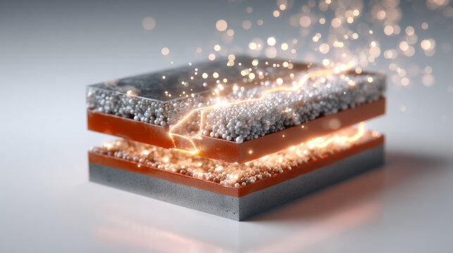Conceptual representation of advanced solid state battery technology with layered anode and cathode materials glowing with electrical energy and chemical ionic activity for future energy storage