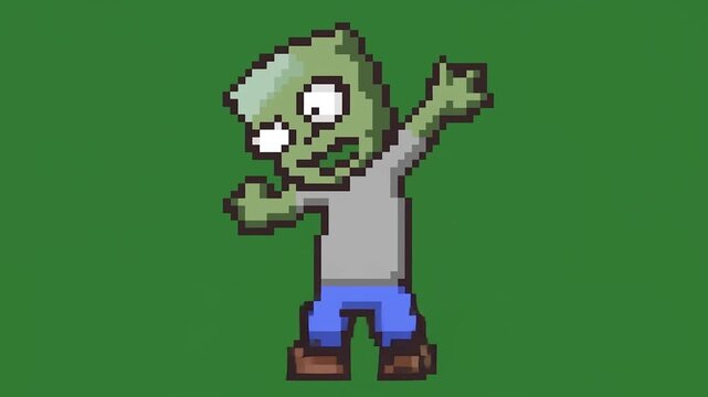 Static shot of pixel art zombie character leaping and swinging arms in sprite animation on plain green background