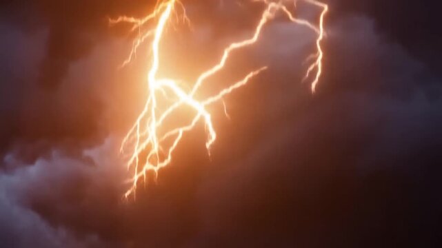 Slow motion tracking shot of lightning bolt striking and branching through dark storm clouds in night sky over thunderhead atmosphere