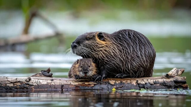 Nutria mother and baby resting on a log in water, with wet fur and long whiskers