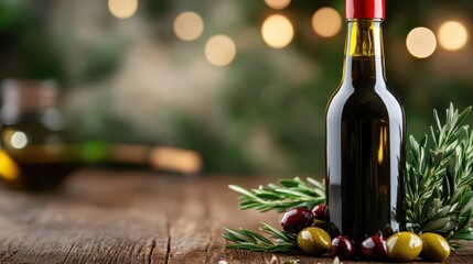 Obraz premium A beautifully presented bottle of olive oil, artfully surrounded by fresh olives and herbs, embodying culinary elegance and the essence of healthy Mediterranean cuisine.