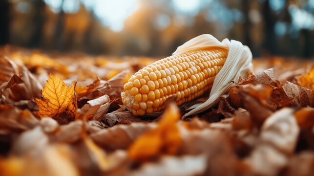 A beautiful close-up of ripe corn lying on a bed of vibrant autumn leaves, showcasing the rich colors and textures of the changing seasons in nature.
