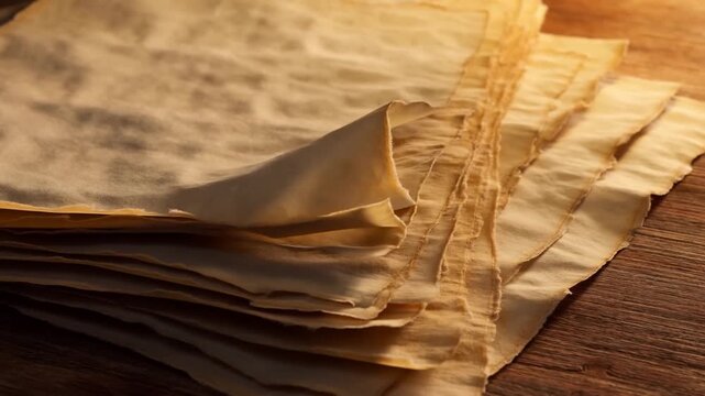 Slow pan tracking shot of aged parchment sheets curling and being lifted on wooden tabletop close up in warm studio lighting