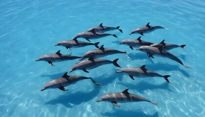 Obraz premium Pod of Dolphins Swimming Together in Clear Blue Ocean Water