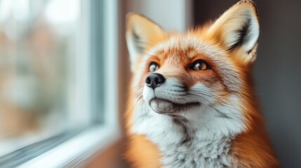 Fototapeta premium A close-up portrait of a beautiful fox looking thoughtfully out of a window, showcasing its vibrant fur and expressive eyes in a serene indoor setting.