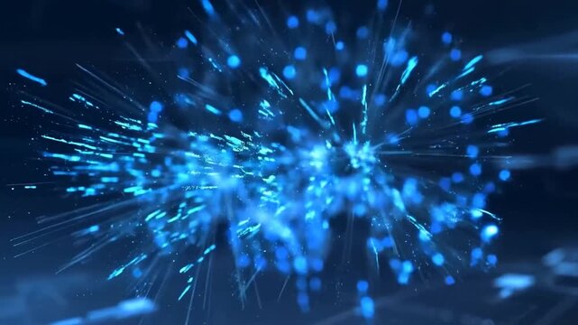 Tracking shot of digital brain neural network transforming and disintegrating into particles within futuristic virtual data environment