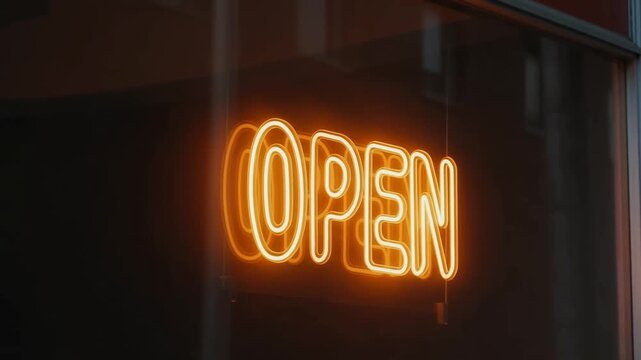 Panning tracking shot of neon open sign glowing in storefront window with reflections on glass in downtown evening streetscape
