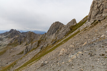 Fototapeta premium Mountain panorama from Grand Fond pass in the Beaufortain Valley near Cormet de Roselend, Savoie, French Alps