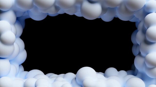 Tracking dolly shot of soft white spheres forming and revealing rectangular void portal against black studio backdrop