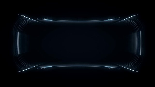Tracking shot of glowing rectangular light lines forming rotating tunnel interior against black background in dark studio space