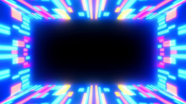 Tracking shot of neon light bars racing into black rectangular portal inside virtual tunnel with colorful glowing streaks and pulsing digital grid
