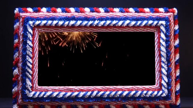 Static shot of decorative red white blue rope frame with sparks cascading and showering inside against black background on reflective tabletop surface
