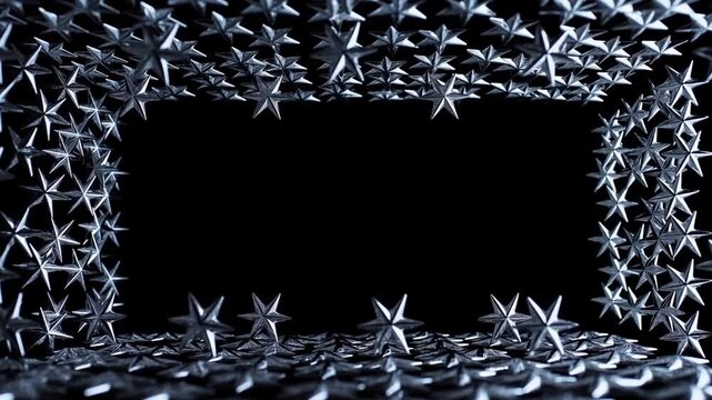 Slow motion close up of metallic star shapes falling and assembling into rectangular frame on black tabletop studio surface with reflective silver ornaments