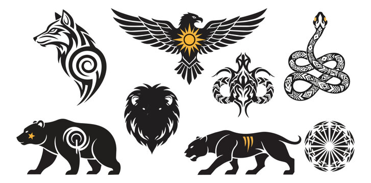 Animal silhouettes collection bear eagle wolf panther snake lion and ornamental elements