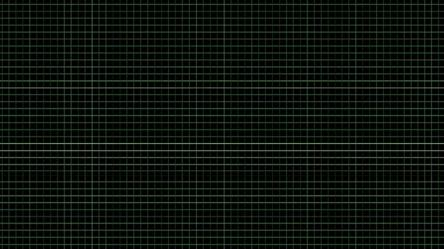 Static shot of green grid display with subtle scan line drift and brief glitching across black digital screen interface in control room setting