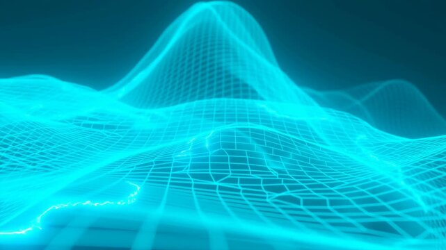 Slow motion tracking forward over digital wireframe grid waves undulating across virtual landscape in futuristic cyberspace background
