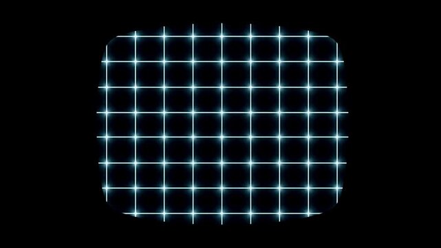 Slow tracking shot of glowing blue grid pattern shifting inside rounded square digital display on black background with subtle shimmer