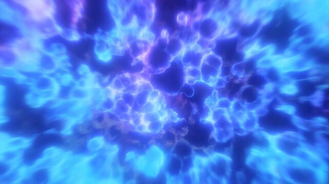 Slow zoom of glowing blue and purple energy cloud pulsing and swirling in abstract nebula field close in on plasma fluid formation in deep space