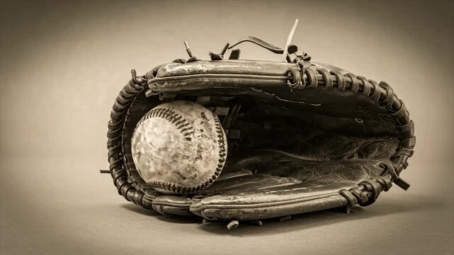 A weathered baseball rests in a worn glove, bathed in sepia tones, evoking nostalgia