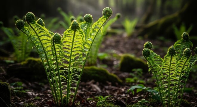 Green fern fronds unfurling in dappled forest light