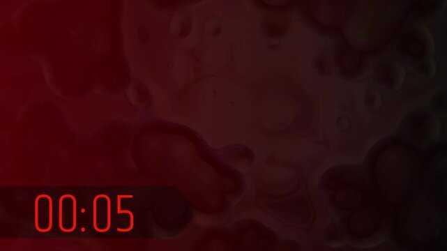 A dark red abstract organic motion background featuring microscopic cells or fluid movement. It includes a bright red digital time countdown.
