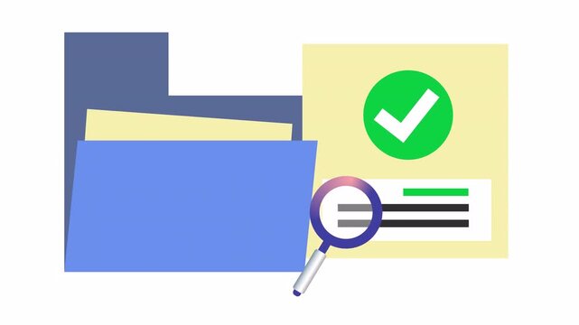 Approved check mark on document checklist verification in research folder in a cartoon animation. Flat design of file review and approval process concept in the alpha channel. Audit data validation.