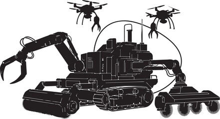Obraz premium Industrial construction vehicles, excavator, drones, heavy machinery, black icons