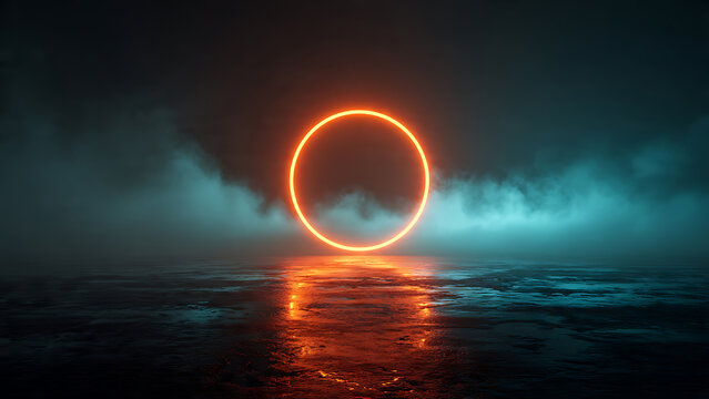 Large glowing orange ring floating over dark water, moody cloudy sky backdrop, contrasting cyan and orange light, concept for sci-fi media, mysterious story background and modern art installation