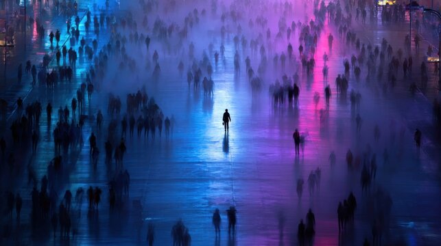 A wide street illuminated by neon lights in a large metropolis at night, crowds of people silhouetted with a long exposure effect, everyone close but no one touching