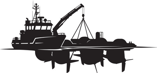 Obraz premium Black silhouette tugboat, industrial ship, crane lifting cargo, maritime icons, vector graphics