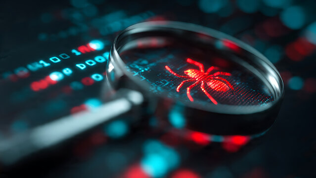 Magnifying glass focusing on glowing red spider icon amidst blurred binary code and digital patterns, close-up view, ideal for cybersecurity, malware protection and digital threat analysis concepts