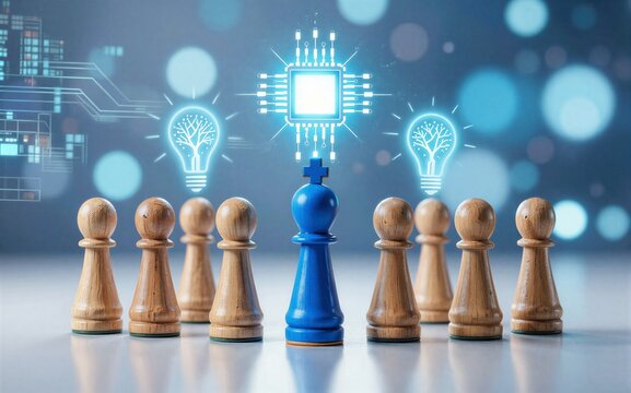 Blue chess king leads wooden pawns toward digital innovation and