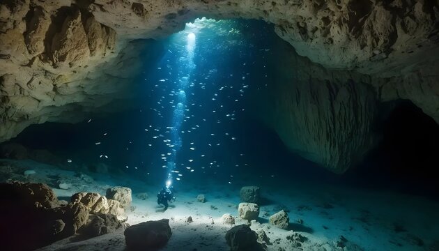 Underwater cave exploration with scuba diver and sun rays
