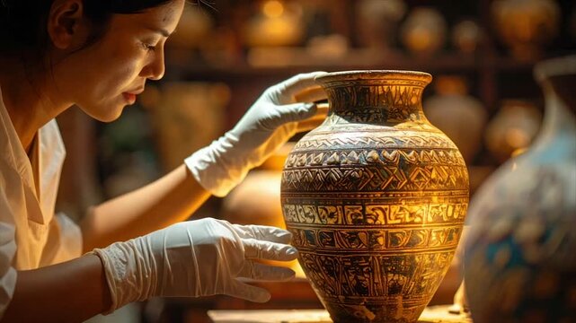 A woman in gloves carefully examines a patterned, aged vase in a dimly lit setting