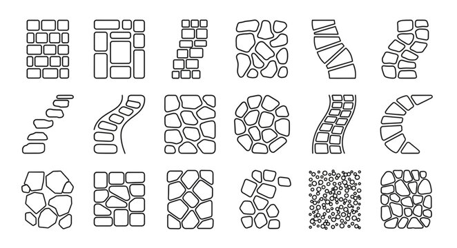 Collection of stone wall and path designs in outline style.