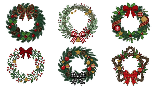 Set of Christmas wreaths with ribbons, pine cones, berries and ornaments on white background. Vector illustration.