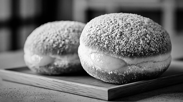 Two yuzu curd filled donuts on a wooden tray in black and white