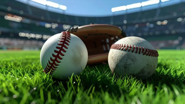 Two baseballs on green grass, a mitt in the background, stadium