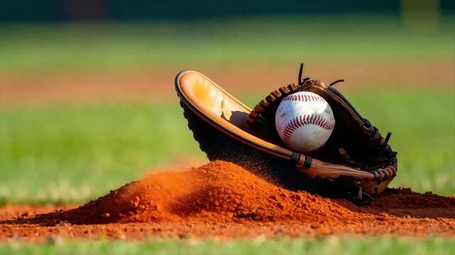 Baseball glove catches a baseball mid-slide on a dirt field, with dust kicked up
