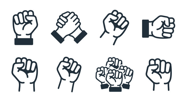 Iconography of solidarity and strength A collection of diverse fist and hand gestures symbolizing unity, power, and mutual support