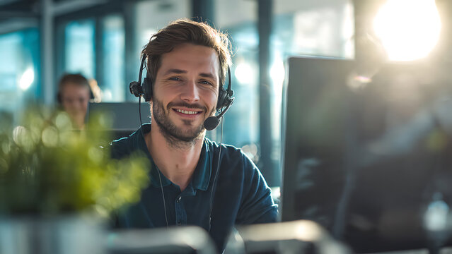 Smiling male customer service agent with headset in modern office, close-up with natural backlight, concept for call center, tech support and professional communication